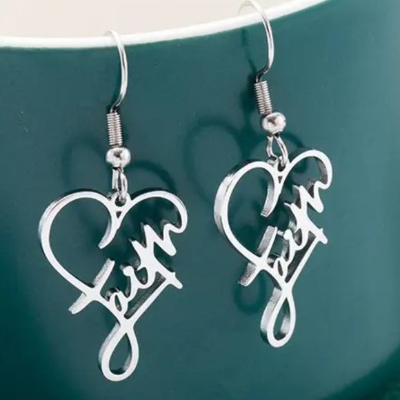 Earrings Faith Dangle Silver Tone Fish Hook Heart Love Stylish Minimalist Belief - Picture 2 of 3